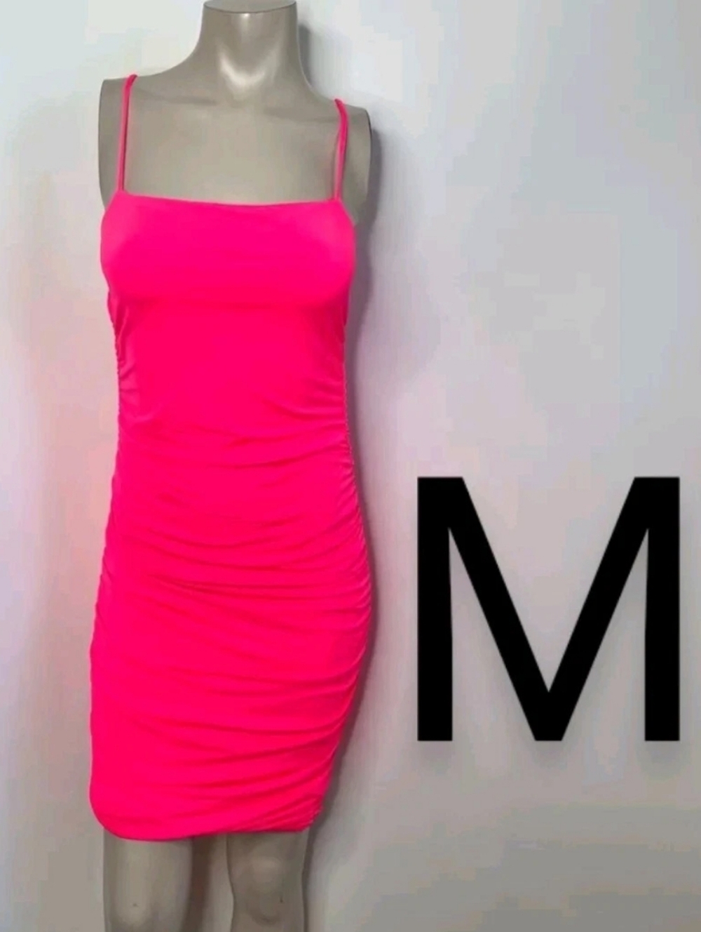 🆕Neon Pink Ruched Cami Mini Bodycon Dress~Size M